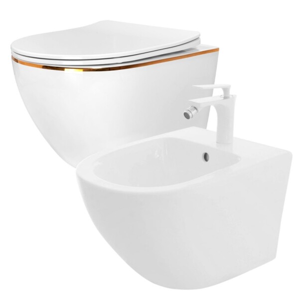 REA/S - SET závěsné WC Carlo Flat Mini Gold Edge Rimless + Bidet Carlo Mini REA-C1222 + REA-C2276