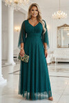 655-2 Dlouhé lehké třpytivé šaty s výstřihem a průhlednými rukávy - smaragdově zelené UNI