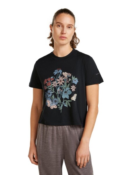 Dámské merino triko s krátkým rukávem ICEBREAKER Wmns 150 Tech Lite SS Crop Tee NZ Flora, Black velikost: XS