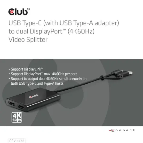 Club3D CSV-1478 / Adaptér / USB-C na 2x DisplayPort / 4K 60Hz (CSV-1478)