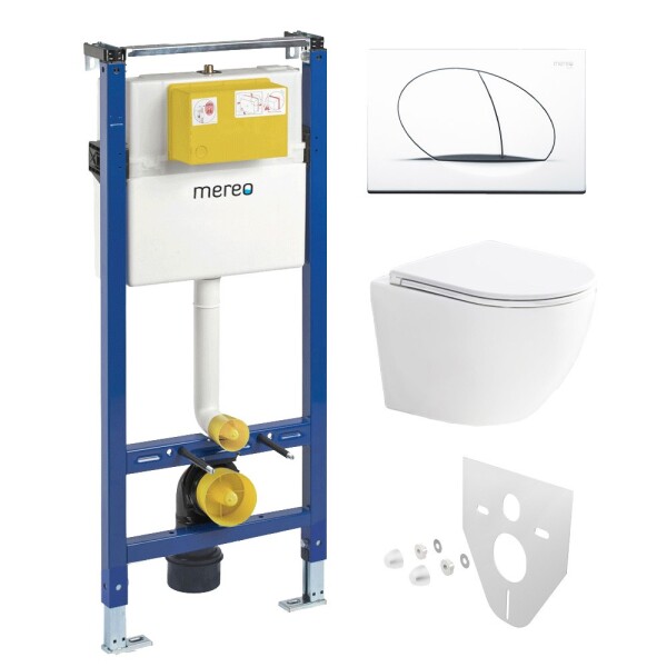 Mereo WC set - Smart flush rimless WC oblé, modul pro sádrokarton, bílé oválné tlačítko MM02NSETRT210