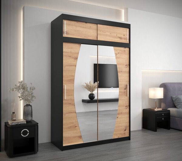 Šatní skříň Abi E0 s nástavcem Barva korpusu: Černá, Rozměry: 150 cm, Dveře: Dub artisan