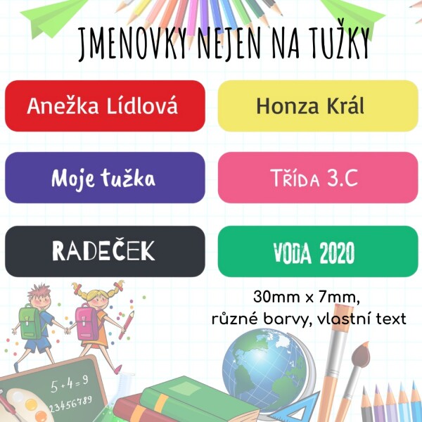 80x Jmenovky malé OBDÉLNÍK BARVY 30x 7mm, jmenovky na tužky, pastelky a pera