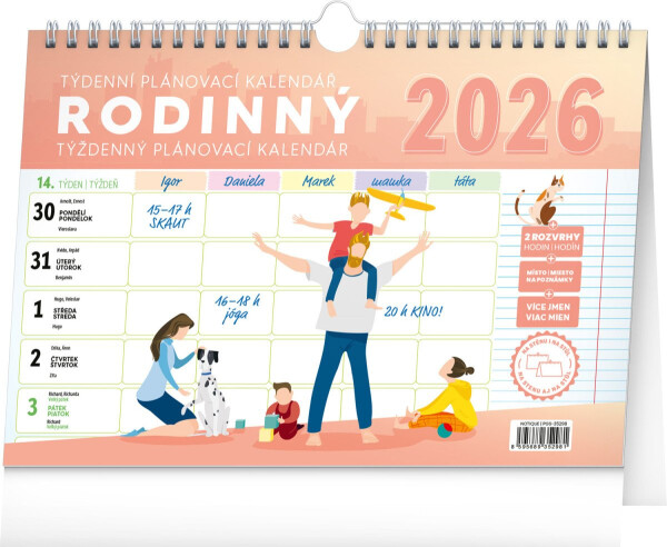 Kalendář 2026 Rodinný, plánovací, s háčkem, 30 x 21 cm