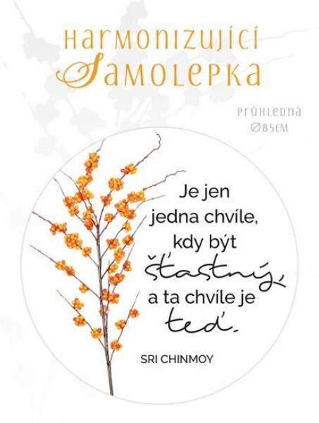 Harmonizující samolepka průhledná &quot;Je jen jedna chvíle, kdy být šťastný a ta chvíle je teď&quot; průměr 8,5 cm - Sri Chinmoy