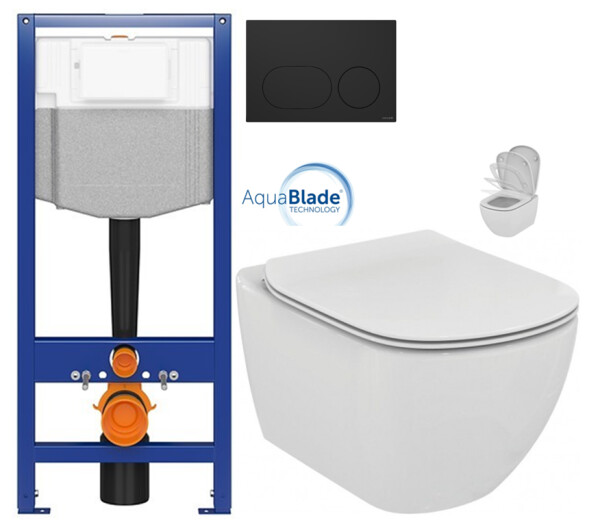 CERSANIT předstěnový instalační systém s černým tlačítkem K97-0637 + WC Ideal Standard Tesi se sedátkem SoftClose, AquaBlade K97-526 0637 TE1