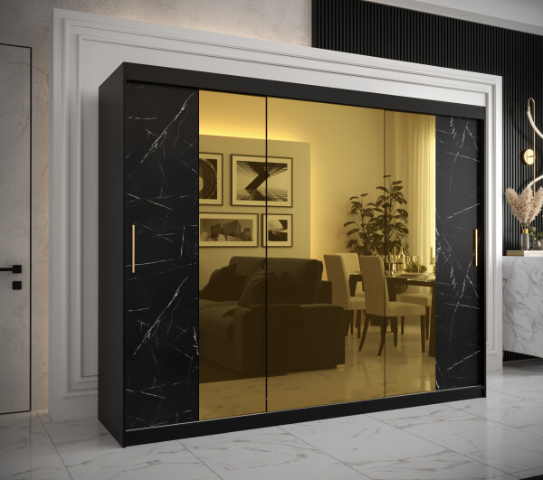 Šatní skříň Abi Golden T2 Barva korpusu: Černá, Rozměry: 250 cm, Dveře: Černý mramor se zlatým zrcadlem