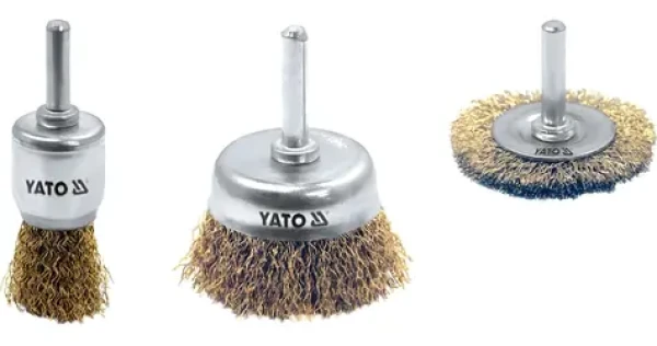 YATO Sada kartáčů drátěných s nástavcem do vrtačky / Sada drátěných kartáčů / Pomosazený drát / 3 ks