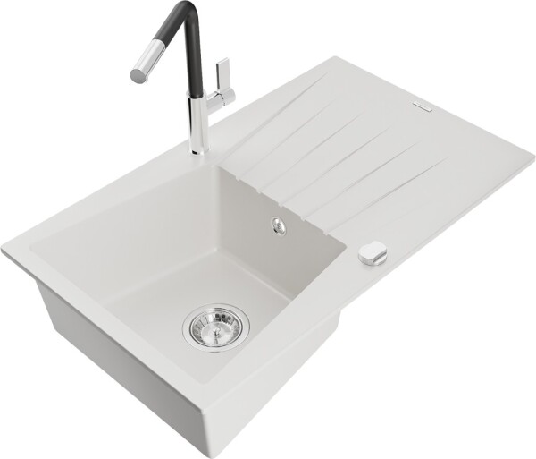 MEXEN/S - Cesar granitový dřez 1-miska s odkapávačem včetně baterie Flora, bílá 6514-20-670401-07
