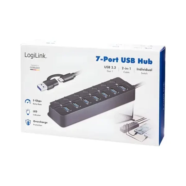 USB hub 7x USB-A s vypínači černý / USB hub / USB 3.2 Gen1 / 5 Gbit/s / 7x přepínač ON/OFF (UA0420)