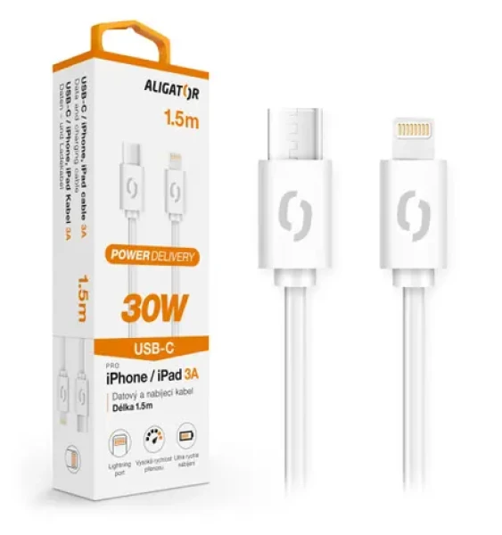 Aligator Datový kabel POWER 30W / USB-C/Lightning 3A 1 / 1.5m / bílý (DATKP51)