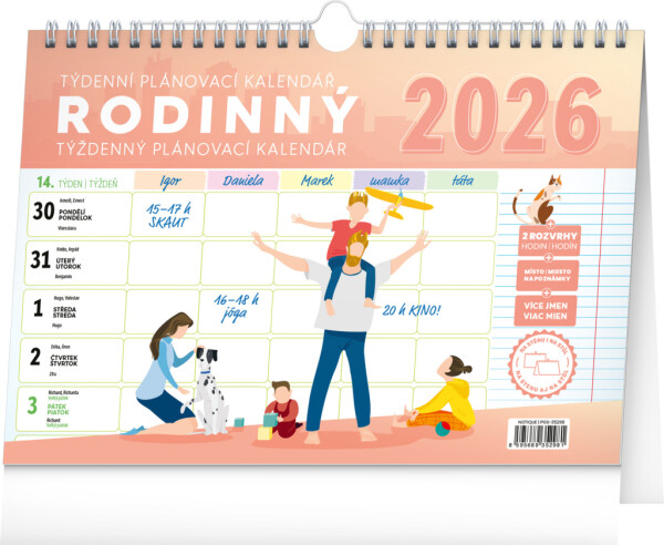 Stolní rodinný plánovací kalendář s háčkem 2026 NOTIQUE, 30 x 21 cm