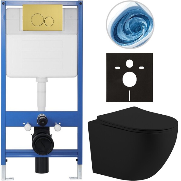 CERANO - Kompletní WC set Profi/Cesso - černá matná - WC tlačítko Duo. zlatá - předstěnová instalace - 49x36 CER-8050BD84355