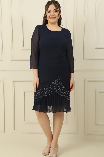 By Saygı Chiffon Pleated Stone Detailed Plus Size Crepe Dress With Sleeves And Both