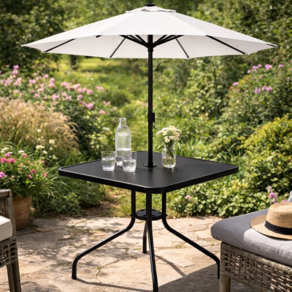 Čtvercový zahradní stůl 80 cm s otvorem pro slunečník - černý