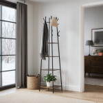 Věšák se 4 policemi, dekor staré dřevo, MDF, černý lak