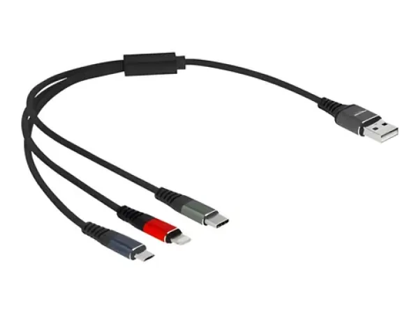 DeLock USB-A 3v1 Lightning, Micro-USB a USB-C vícebarevný / Nabíjecí kabel / 0,3 m / 3 A / textilní opletení (87236)