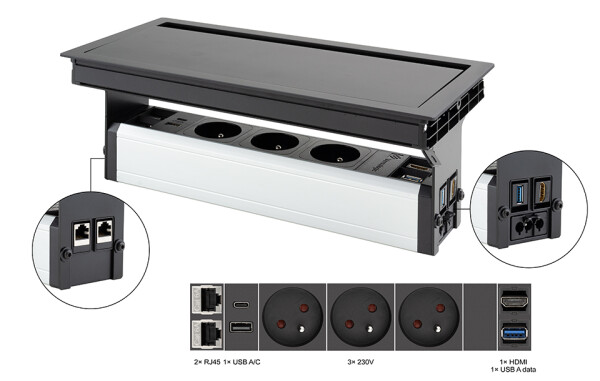 Versalogic VersaFlap Mono 2.0 elektrická zásuvka 3x 230V, FR RJ45 HDMI USB A/C + data černá (497050)