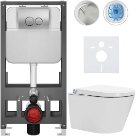 CERANO Závěsné WC s bidetem Basic/Cronus Standard - bílá lesklá - WC tlačítko Dualo/Stříbrná - volně stojící - předstěnová instalace - 59,3x38,4 cm