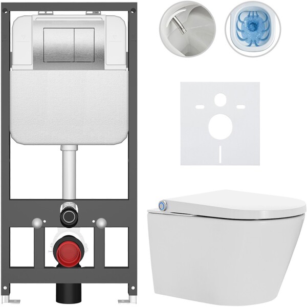CERANO Závěsné WC s bidetem Basic/Cronus Standard - bílá lesklá - WC tlačítko Maxio/Stříbrná - závěsné - předstěnová instalace - 59,3x38,4 cm