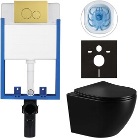CERANO - Kompletní WC set Profi/Cesso - černá lesklá - WC tlačítko Duo/Zlatá - pro zazdění - 49x36 CER-8050BD84228
