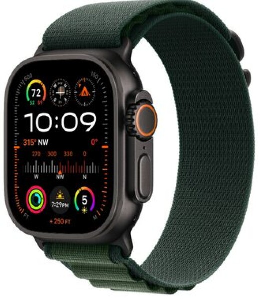 Apple Watch Ultra 2 (2024) GPS+Cellular 49mm Černé titanové tělo - Tmavě zelený alpský tah (M) / 145-190 mm (MX4R3)