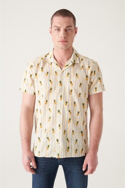 Avva Men's Yellow Printed Short Sleeve Cotton Shirt