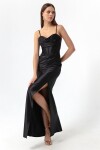 Lafaba Women's Black Underwire Corset Detailed Slit Long Evening Dress