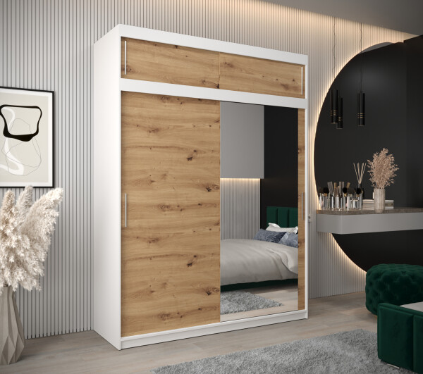 Šatní skříň Abi T2 s nástavcem Barva korpusu: Bílá, Rozměry: 180 cm, Dveře: Dub artisan
