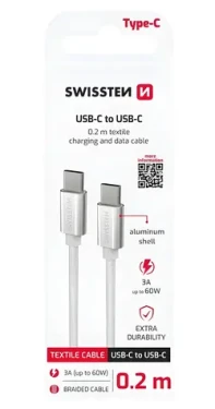 Swissten Textile stříbrná / Datový kabel / USB-C na USB-C / 0,2 m (71527209)