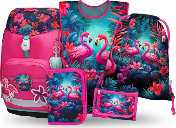 5 SET Airy Plus Flamingo: batoh, penál, sáček, zástěra, peněženka