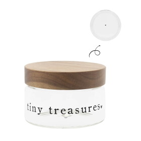 Bastion Collections Dóza s dřevěným víkem Tiny Treasures 8 cm nápis, čirá barva, sklo