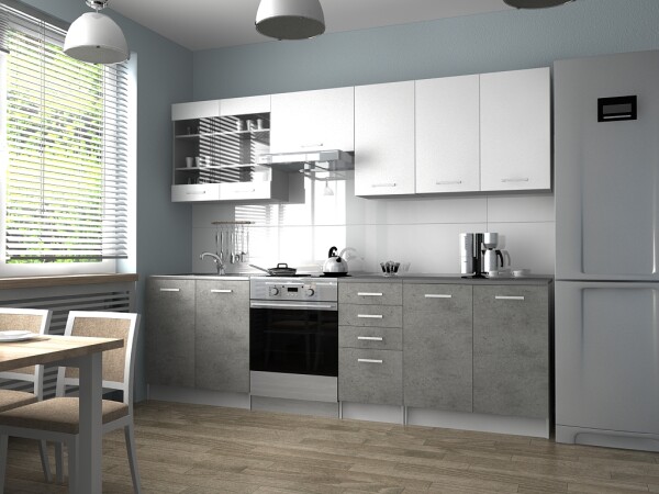 FRONTI Kuchyňská linka PAMELA 260x200 - Bílá + beton - Rychle dodání
