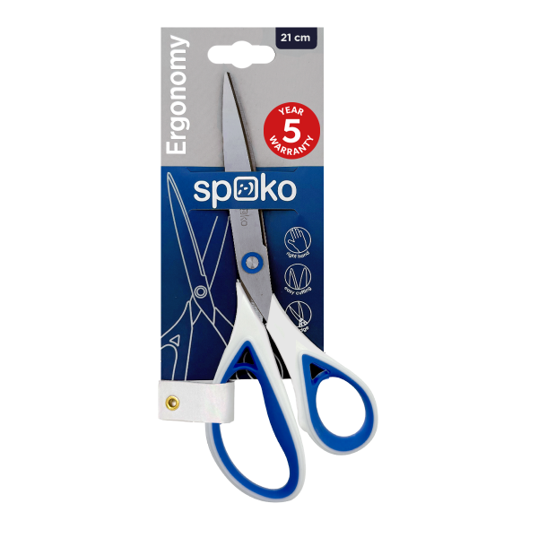 Spoko nůžky kancelářské - Ergonomy, 21 cm, asymetrické, bílomodré