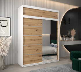 Šatní skříň Abi V2 s nástavcem Barva korpusu: Bílá, Rozměry: 180 cm, Dveře: Dub artisan