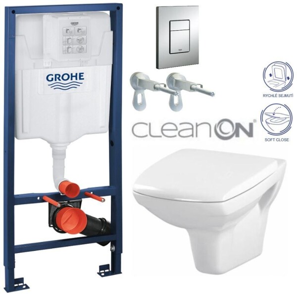 Grohe Rapid SL pro závěsné WC 38528SET s chromovou deskou + WC CERSANIT CLEANON CARINA + SEDÁTKO 38772001 CA2