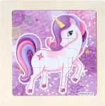 Dřevěné puzzle Fialový jednorožec 9 dílků