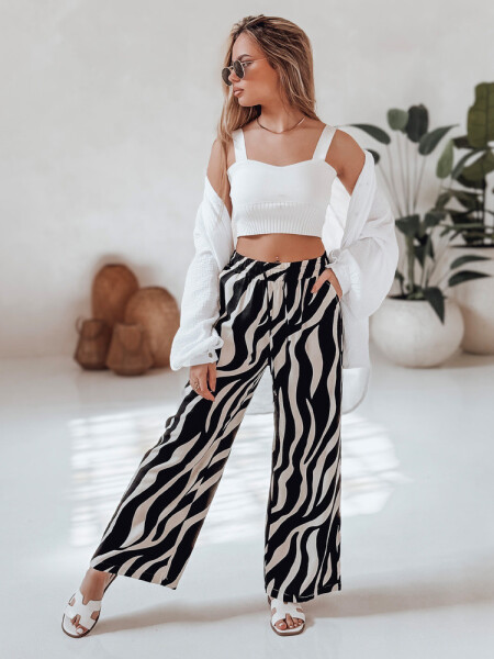 Dámské pruhované kalhoty se širokými nohavicemi ZEBRAVIBE UY2653 béžovo-černé - FashionStreet XL