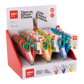 APLI školní nůžky se jmenovkou, 13,5 cm, 24 ks, asymetrické, displej, mix barev