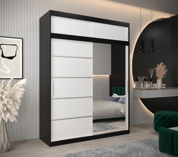 Šatní skříň Abi V2 s nástavcem Barva korpusu: Černá, Rozměry: 180 cm, Dveře: Bílá
