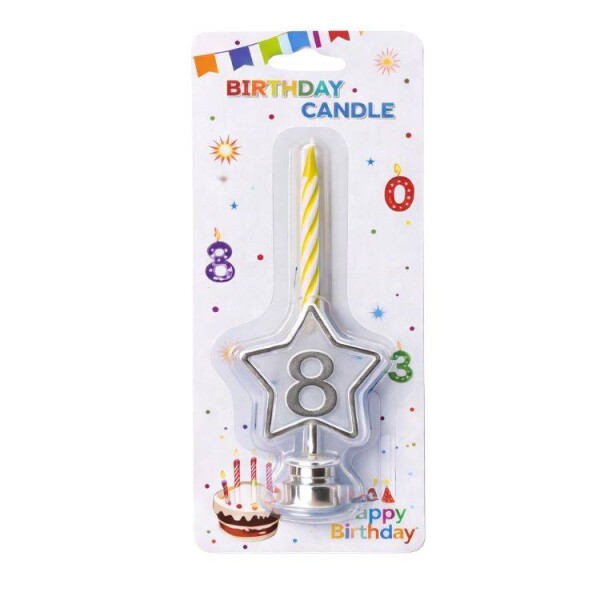 Dortisimo Svíčka žlutá s LED stříbrným podstavcem ve tvaru hvězdy číslo 8