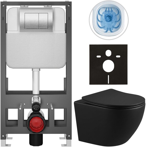 CERANO - Kompletní WC set Basic/Cesso - černá matná - WC tlačítko Maxio/Stříbrná - volně stojící - předstěnová instalace - 49x36 CER-8050BD86357