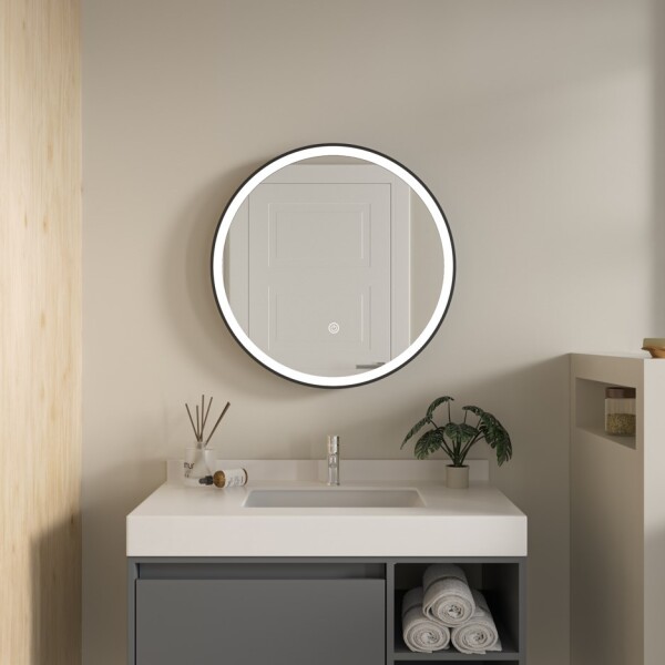 Erga Olivia, kulaté LED zrcadlo 60cm, černý kovový rám, 1380 lm, 6500K, přední osvětlení, ERG-V01-202-6060-BK