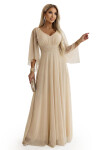655-4 Dlouhé lehké třpytivé šaty s výstřihem a průhlednými rukávy - šampaňsko-béžová barva UNI