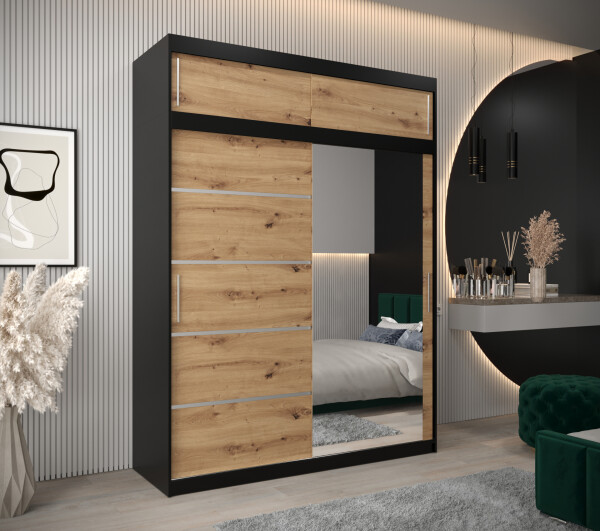 Šatní skříň Abi V2 s nástavcem Barva korpusu: Černá, Rozměry: 180 cm, Dveře: Dub artisan