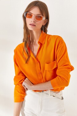 Olalook Women's Orange Single Pocket Woven Viscon Shirt