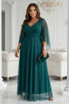 655-2 Dlouhé lehké třpytivé šaty s výstřihem a průhlednými rukávy - smaragdově zelené UNI