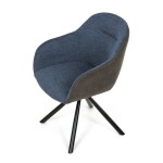 Židle jídelní, modrá látka a tmavě šedá látka v dekoru vintage kůže, černý kov, otočná P90°+ L90° s vratným mechanismem