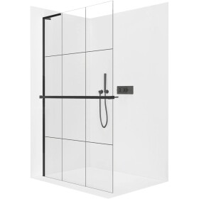 CERANO Sprchová zástěna Walk-in Onyx L-levá vzpěra - 8 mm + polička/držák na ručníky - černá matná, industriální sklo - 140x200 cm