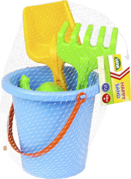 Sada na písek plast kbelík 16x14cm, lopatka, hrábě a formička 3ks v síťce 12m+